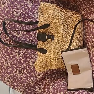 Coach straw tote with black leather trim